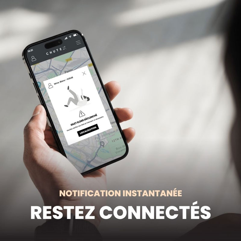 Lors d'une chute avec le gilet Airbag Elder, une notification est envoyée aux proches et aidants