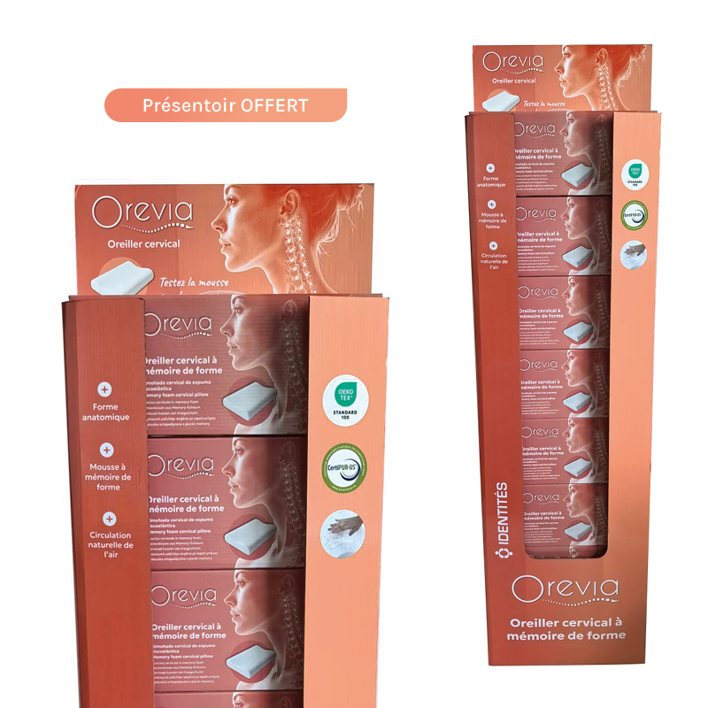 Le présentoir qui permet de stocker 8 oreillers OREVIA est offert