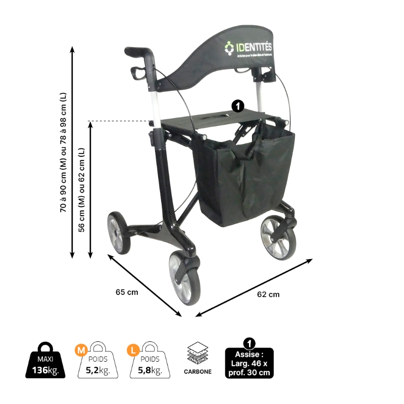 Dimensions du rollator carbone NEO SMART
