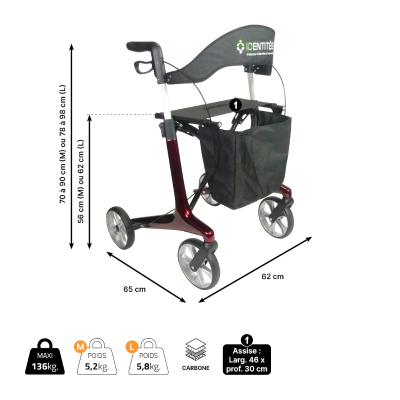 Dimensions du rollator carbone NEO SMART