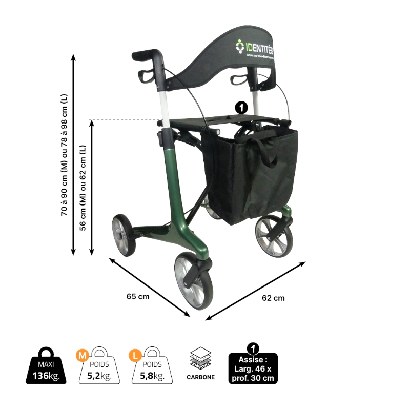 Dimensions du rollator carbone NEO SMART