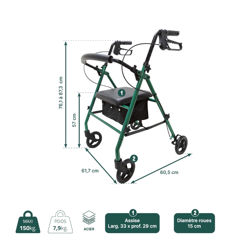 Dimensions du rollator 4 roues acier