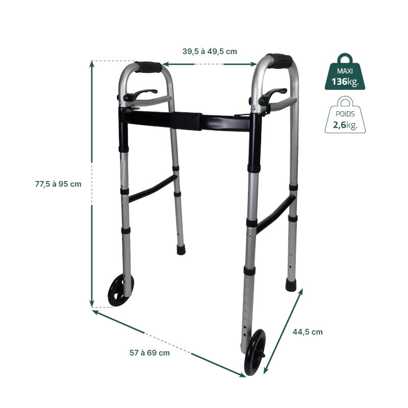 Adjustable 2-wheel folding walking frame