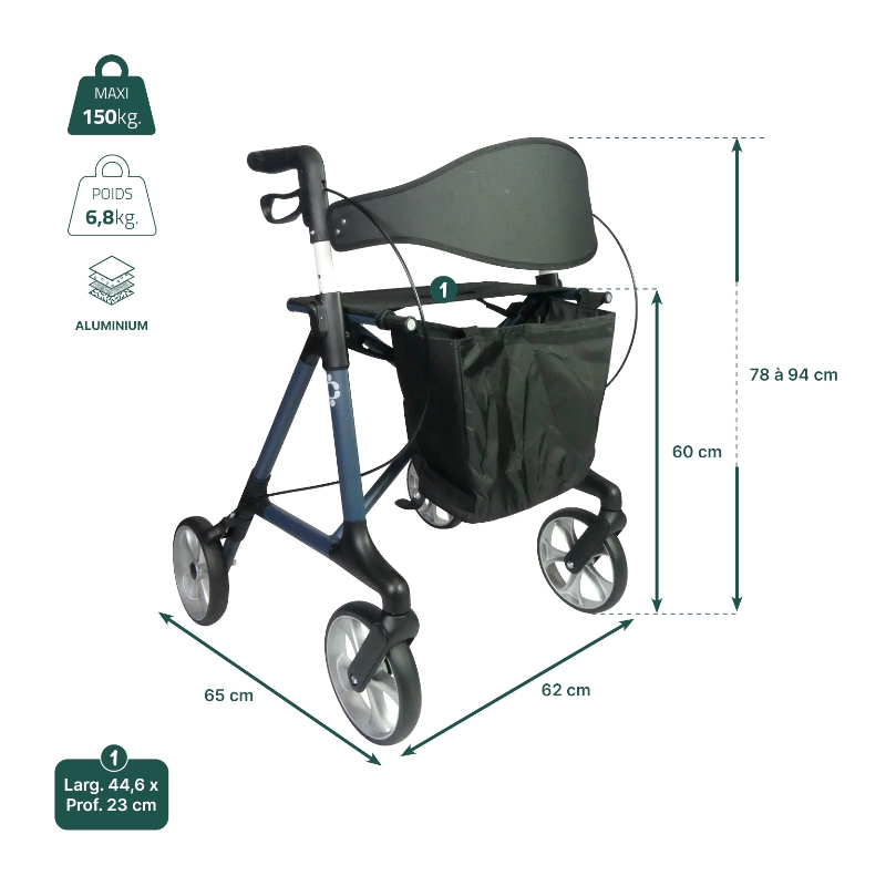 Fiche technique dimensions et charge maximale du rollator Magnus bleu cobalt - réf. 826322COBALT