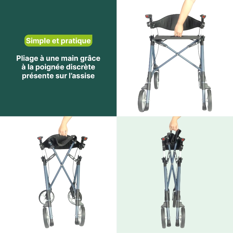 Pliage à une main du rollator Magnus bleu cobalt grâce à la poignée de l'assise - réf. 826322COBALT