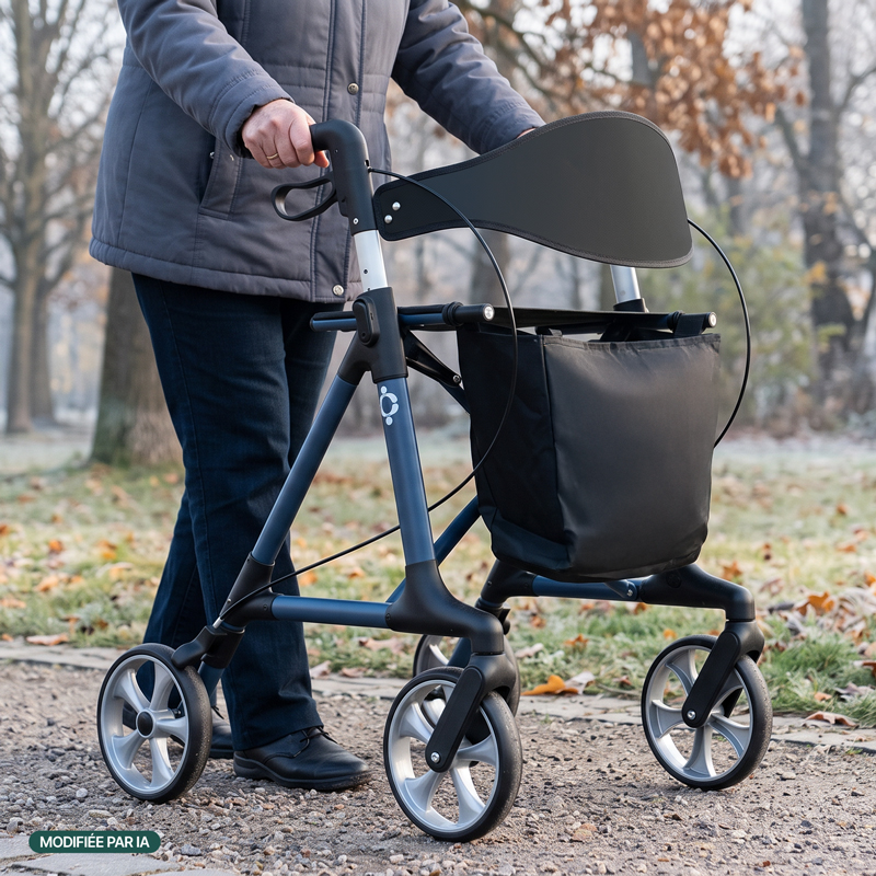 Senior marchant avec le rollator Magnus bleu cobalt dans un parc en automne - réf. 826322COBALT