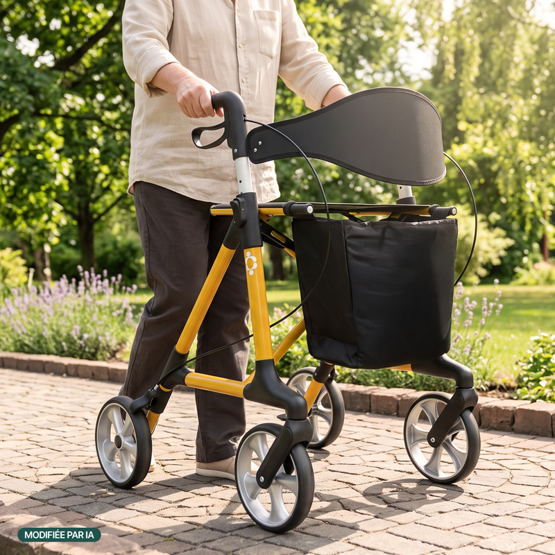 Senior marchant avec le rollator Magnus curry dans un jardin - réf. 826322CURRY