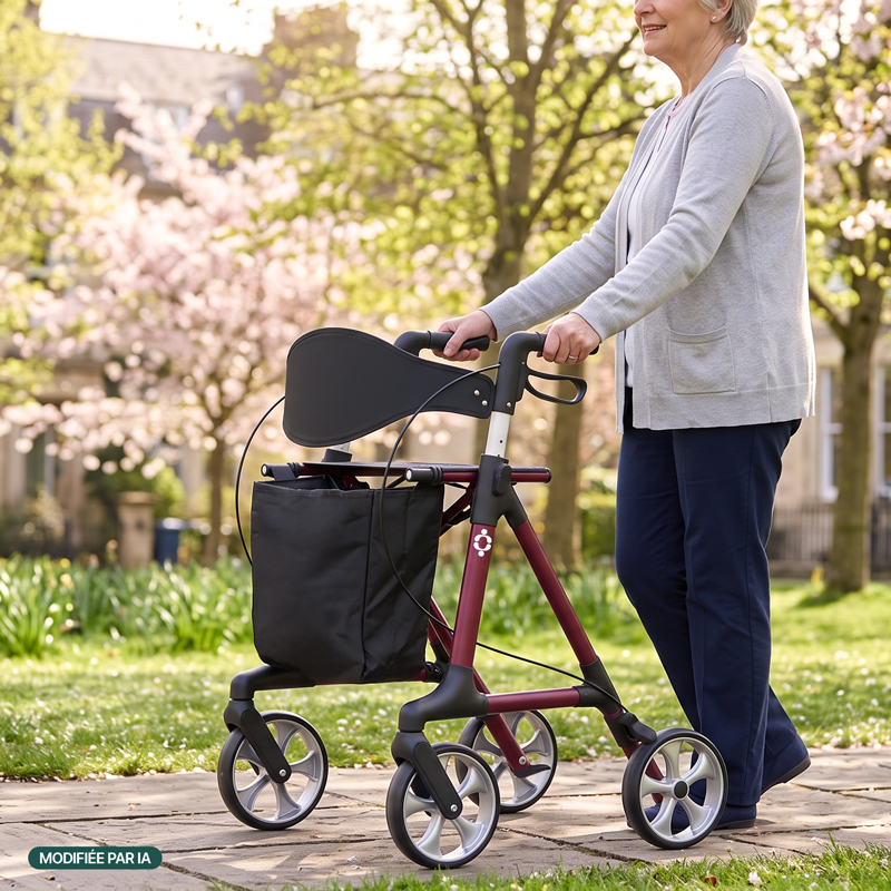Senior marchant avec le rollator Magnus prune dans un parc fleuri - réf. 826322PRUNE