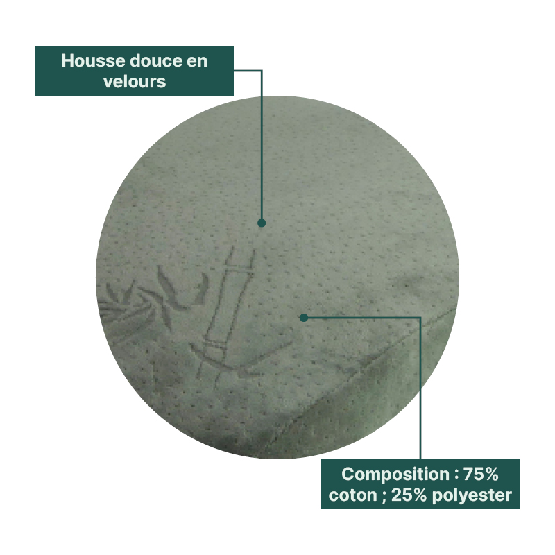 Gros plan sur la housse en velours du coussin d’assise Vegelya, 75 % coton et 25 % polyester