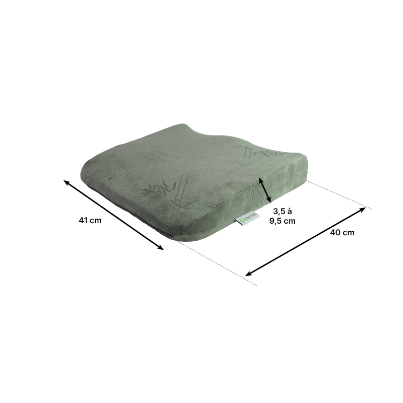 Dimensions du coussin assise ergonomique Vegelya : 40 x 41 cm, épaisseur de 3,5 à 9,5 cm